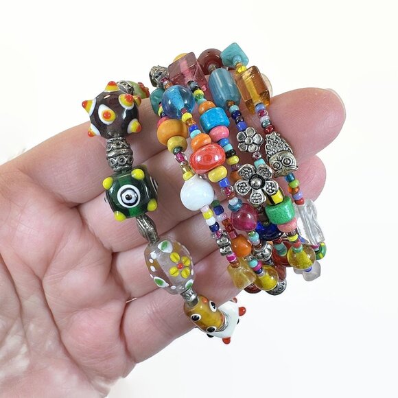 Glass Bracelet, Beaded, Lamp Work, Bohemian, Rainbow Shades, Art Glass, Boho - Picture 1 of 5